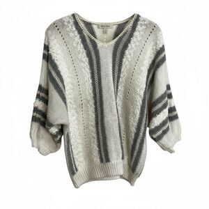 Style Impax Stripe V-Neck Balloon Sleeve Knit Pullover Sweater Gray Cream 40/20W
